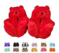 XMiniLife Brown Teddy Bear Cartoon Slippers for Women and Girl Home Indoor Winter Shoes Soft Cute Warm Anti-Slip Faux Fur Slippers, A Red Teddy Bear, One Size