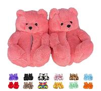 XMiniLife Brown Teddy Bear Slippers for Women and Girl Home Indoor Winter Shoes Soft Cute Warm Anti-Slip Faux Fur Cartoon Slippers, A Pink Teddy Bear, One Size