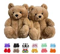 XMiniLife Brown Teddy Bear Slippers for Women and Girl Home Indoor Winter Shoes Soft Cute Warm Anti-Slip Faux Fur Cartoon Slippers, A Brown Teddy Bear, One Size