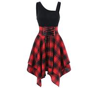 Xmiral Dress Women Sleeveless Plaid Bandage High Waist Polyester Irregular Hem Mini A-line Dresses for Party Club Evening Wedding Beach Sundress(Red,L)