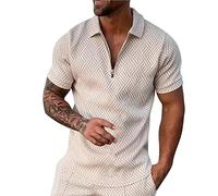 Xmiral Shirt Men Summer Outfits Casual Zipper Up Short Sleeve Suit for Tops Non Shrinking T Shirts for (L,Beige)