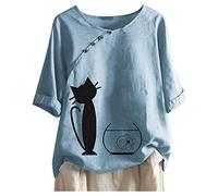 Xmiral Short Sleeve T-Shirt for Women Chinese Style Oblique Button Round Neck Blouse Printing Summer Tops Shirt(a-Blue,L)