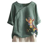 Xmiral Short Sleeve T-Shirt for Women Chinese Style Oblique Button Round Neck Blouse Printing Summer Tops Shirt(e-Army Green,L)