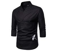 Xmiral T-Shirt 3/4 Sleeve Stand Collar Solid Color V-Neck Retro Men's Tee Shirt Tops Blouse Long Sleeve Checked Summer Leisure Men's Shirt(a Black,3XL)