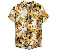Xmiral T-Shirt Men's Shirt Short Sleeve Henry Collar Hawaii Style Printed Summer Shirt Men's Personality Slim Fit Cotton and Linen(s Yellow,M)