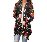 Xmiral Thin Cardigan Women Christmas Snowman Santa Claus Long Sleeve Printed Stoles Coat(b-Black,XXL)