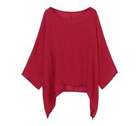 Xmiral Women Blouse Solid Color Loose Cotton Linen 3/4 Sleeves Tops Shirt Casual Plus Size Long Sleeve Shirt Breathable Tops(Red,S)