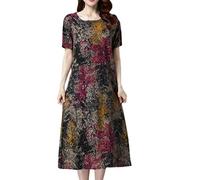 Xmiral Women Dress Women Long Sleeve Short Sleeve O Neck Pocket Cotton Linen Printed Loose Casual Dress (4XL,Wine)