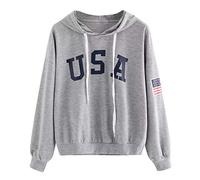 Xmiral Women Hoodie Letter Flag Printed Sweatshirt Long Sleeve Pullover Tops USD Logo Drawstring(L,Grey)