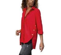 Xmiral Women Tops Solid Button Down Long Sleeve Turn-Down Collar Blouse Work T-Shirts (S,Red)