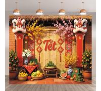XMJJKUF 10x8ft Vietnamese New Year Backdrop, TET Decorations, Red and Gold Chinese Lunar New Years Photography Background, Asian Festival Party Decorations, Photo Booth Props