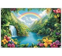 XMJJKUF 9x6ft Fabric Emerald Forest Fall 2026 VBS Backdrop Rainforest VBS Decorations Waterfall Rainbow Coloful Flowers Outdoor Safari Hiking Background Party Decor Banner Photography Props