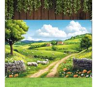 XMJJKUF 9x6ft Fabric Emerald VBS 2026 Backdrop Spring Summer Green Garden Grass White Cloud Crafts VBS 2026 Decorations Background Students Improve Imagination Exploring The World Props