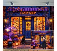 XMJJKUF Halloween Candy Shop Backdrop 10x8ft Spooky Whimsical Scene with Pumpkin Black Cat Photo Background for Halloween Party Photoshoot