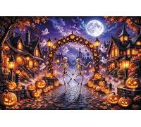 XMJJKUF Halloween Dancing Skeleton Town Backdrop 10x8ft Spooky Whimsical Scene with Pumpkin Ghost Photo Background for Halloween Party Photoshoot