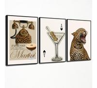 XMJJQQ Fashion Cheetah Painting Poster, Leopard Telephone & Espresso Martini Canvas Wall Art, Spade Poker Cocktail Picture Bar Cart Wall Decor, Set of 3 Chic Girly Dorm Bedroom Print 12x16in Unframed