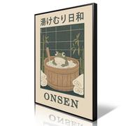 XMJJQQ Japanese Canvas Wall Art, Frog In Bathtub Enjoy Onsen Poster, Funny Bathroom Animal Picture, Japandi Frog Soaking Tub Painting, Wabi Sabi Green Restroom Guest Room Wall Decor 8x12in Unframed