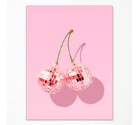 XMJJQQ Trendy Disco Ball Print Poster, Funky Disco Cherries Art Canvas, Pink Cherries Picture, Fruit Wall Art, Party Theme Bar Cart Wall Art, Dorm Apartment Wall Decor 12x16in Unframed