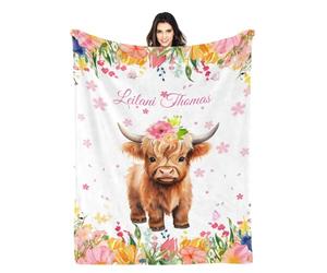 XMJUPO Custom Baby Blanket Personalised Kids Blanket Customized Bed Blanket with Name Cozy Flannel Blankets Highland Cow Floral Pink Blankets for Boys Girls Throws Blankets