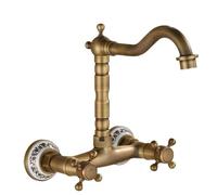 XMKT Antique Bronze Wall-Mounted Kitchen Mixer, Swivel Spout Retro Style Tap with Double Handles(H)