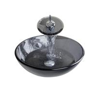XMKT Tempered Glass Grey Bathroom Vessel Sink: Round Bowl Above Counter W/Waterfall Mixer Faucet