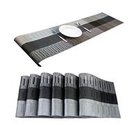 Xmkuwa Placemats, Washable PVC Table Mats, Woven Vinyl Placemat for Dining Table Place Mats Set (6 Placemats and 1 Table Runner, Black and Grey)