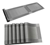 Xmkuwa Placemats, Washable PVC Table Mats, Woven Vinyl Placemat for Dining Table Place Mats Set (6 placemats and 1 Table Runner, Silver and Grey)