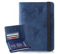 XMLINPER Passport Holder and Card Slot Combo RFID Blocking Leather Personalized Travel Passport Wallet for Men and Women US Passport Cover Protector, Map blue, Soccer，elastic Strap，passport Holder and