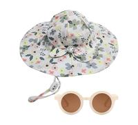 XMNIVATE 1 Floral Sun Hat, 1 Sunglasses, Breathable Quick-Drying Beach Hat, Children's Sun Hat, Adjustable Bucket Hat, Large Brim Hat, Children's Outdoor Sun Protection Set White