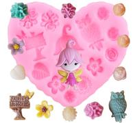 XMOLDNMS Fairy Garden Silicone Moulds Fairy Fondant Mould Owl Rose Flower Leaf Candy Moulds for Birthday Party Chocolate Cupcake Topper Cake Decoration Polymer Clay Gum Paste