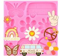 XMOLDNMS Groovy Boho Fondant Mould Groovy Hippie Silicone Moulds Daisy Flower Rainbow Butterfly Peace & Love Mould for Cake Decorating Cupcake Topper Chocolate Candy Gum Paste Polymer Clay