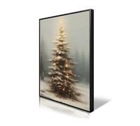 XMQQLL Framed Vintage Christmas Tree Canvas Wall Art, Light Up Christmas Tree Painting Poster, Muted Neutral Moody Rustic Winter Picture Prints for Wall Decor, Christmas Gift Idea 16x24in