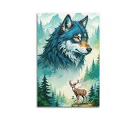 XMUXCY Animal Fantasy Style Blue Wolf Forest Ecology Illustration Canvas Wall Art Posters for Modern Family Bedroom And Office Decor Artwork 20x30inch(50x75cm)