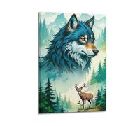 XMUXCY Animal Fantasy Style Blue Wolf Forest Ecology Illustration Canvas Wall Art Posters for Modern Family Bedroom And Office Decor Artwork 08x12inch(20x30cm)