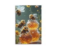 XMUXCY Bedroom Wall Decoration Canvas Posters-Cute Bees Cartoon Bees Honey Jars Flower Field Decorative Painting 24x36inch(60x90cm) Unframe-style