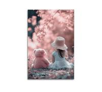 XMUXCY Bedroom Wall Decoration Canvas Posters-Healing Poster Little Girl Pink Teddy Bear Pink Forest Warm Innocence Decorative Painting 24x36inch(60x90cm) Unframe-style