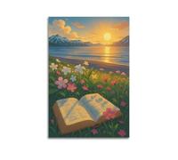 XMUXCY Bedroom Wall Decoration Canvas Posters-Landscape Poster Lakeside Flower Field Reading Book Decorative Painting 16x24inch(40x60cm) Unframe-style