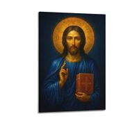 XMUXCY Bedroom Wall Decoration Canvas Posters-Religious Icon Jesus Christ Halo Book Blessing Gesture Decorative Painting 24x36inch(60x90cm) Frame-style