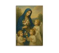 XMUXCY Bedroom Wall Decoration Canvas Posters-Religious Painting Poster Madonna Holding Flowers Interacting With Angel Children Serene Sacred Picture Deco 24x36inch(60x90cm) Unframe-style