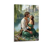 XMUXCY Bedroom Wall Decoration Canvas Posters-Romantic Poster Couple Kissing Lakeside Castle Sweet Love Decorative Painting (2) 24x36inch(60x90cm) Frame-style