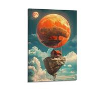 XMUXCY Canvas Wall Art Posters Abstract Floating House Red Moon Frame-style Modern Decor for Living Room Bedroom Office 16x24inch(40x60cm)