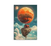 XMUXCY Canvas Wall Art Posters Abstract Floating House Red Moon Unframe-style Modern Decor for Living Room Bedroom Office 20x30inch(50x75cm)