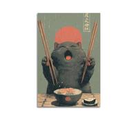 XMUXCY Canvas Wall Art Posters Animal Black Cat Eating Ramen Unframe-style Modern Decor for Living Room Bedroom Office 24x36inch(60x90cm)