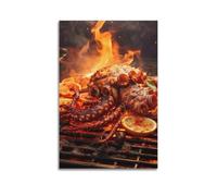 XMUXCY Canvas Wall Art Posters Food Grilled Octopus over Flames Unframe-style Modern Decor for Living Room Bedroom Office 20x30inch(50x75cm)