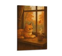 XMUXCY Canvas Wall Art Posters Healing Orange Cat by Rainy Autumn Window Frame-style Modern Decor for Living Room Bedroom Office 16x24inch(40x60cm)