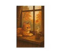 XMUXCY Canvas Wall Art Posters Healing Orange Cat by Rainy Autumn Window Unframe-style Modern Decor for Living Room Bedroom Office 08x12inch(20x30cm)