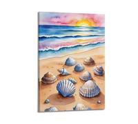 XMUXCY Canvas Wall Art Posters Landscape Watercolor Shell Beach Frame-style Modern Decor for Living Room Bedroom Office 20x30inch(50x75cm)