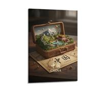 XMUXCY Canvas Wall Art Posters Map China Landmarks in Mini Suitcase Frame-style Modern Decor for Living Room Bedroom Office 16x24inch(40x60cm)