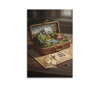 XMUXCY Canvas Wall Art Posters Map China Landmarks in Mini Suitcase Unframe-style Modern Decor for Living Room Bedroom Office 08x12inch(20x30cm)