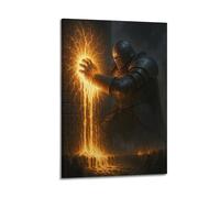 XMUXCY Canvas Wall Art Posters Medieval Armor Knight Touching Wall with Flames Frame-style Modern Decor for Living Room Bedroom Office 12x18inch(30x45cm)